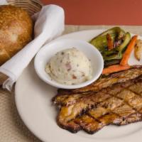 BBQ Brisket · House-smoked sliced beef brisket with grilled vegetables. Served with choice of side, roaste...