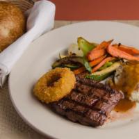 Flat Iron Steak · 8 oz. certified Angus beef steak, flame broiled. Served with choice of side, roasted vegetab...