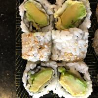 Avocado Tempura Roll · Roll-cut into 6 pieces.
Hand roll one piece with cone shape.