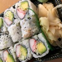 California Roll · Roll-cut into 6 pieces.
Hand roll one piece with cone shape.