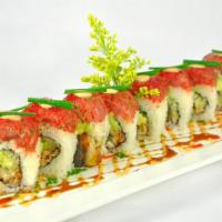 Red Dragon Roll · Eel, avocado and asparagus topped with spicy tuna. Served with spicy mayo and eel sauce.
