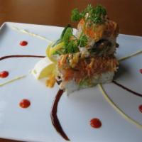 Ichiban Roll · Eel and avocado topped with spicy tuna, salmon, yellowtail, fluke, seaweed salad, kani and c...