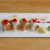 Out of Control Roll · Crunchy spicy yellowtail, asparagus topped with fresh yellowtail, salmon and avocado.