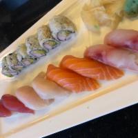 Sushi B · Eight pieces sushi and California roll. Served with miso soup or salad.