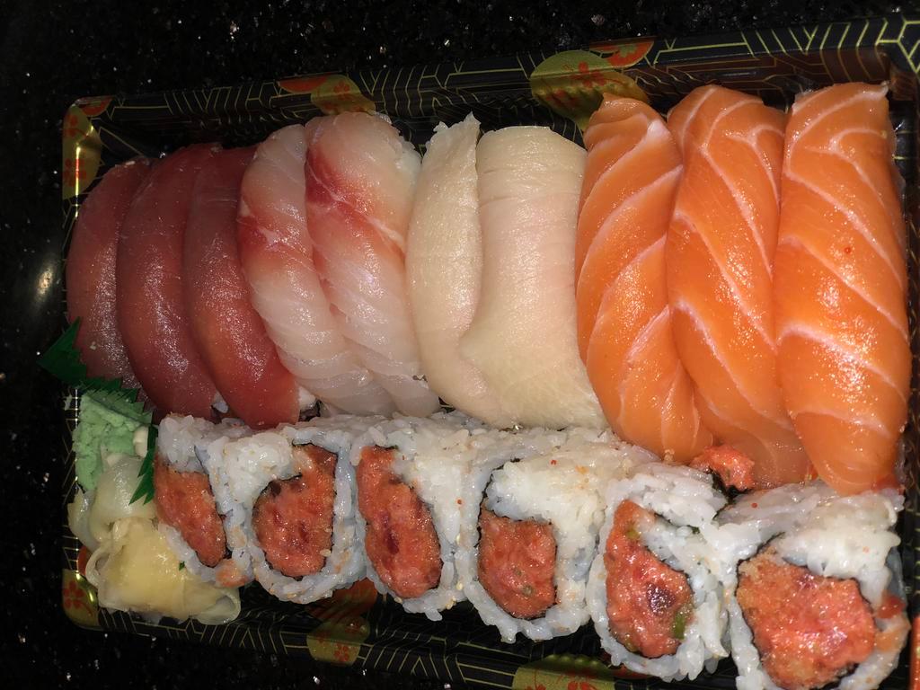 Sushi C · 10 pieces sushi and spicy tuna roll. Served with miso soup or salad.