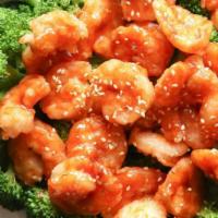 F3. General Tso's Shrimp（左宗虾） · Classic Spicy General Sauce with a side of Steamed Broccoli