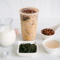Milk Tea with Red Bean & Sago · Lactose free milk with organic loose leave tea, with cheese foam.