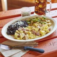 Eggs and Ham · Eggs any style with ham, choice of beans, grilled onions and bell peppers with potatoes, cho...