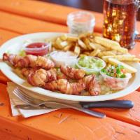 Bacon Wrapped Shrimp · Our delicious jumbo bacon wrapped shrimp along with our freshly cut fries, freshly made pico...