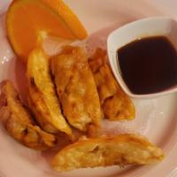A3. Pot Stickers · 6 pieces. Fried dumplings stuffed with chicken and veggies. Served with tangy-sweet soy.