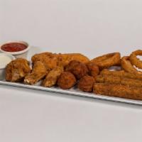 Signature Sampler · Includes wings, mozzarella sticks, chicken strips, mushrooms and onion rings. Served with ho...