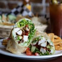 Chicken Wrap · Grilled Chicken, Romaine, Tomato, Bacon, Avocado, Swiss, Mayo, Flour Tortilla. Served with f...