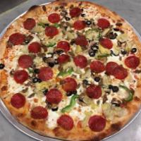 The Works Pizza · Tomato, mozzarella cheese, pepperoni, sausage, mushroom, green peppers, onions and olives.