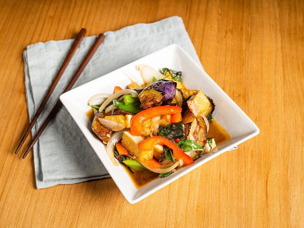 Eggplant · Stir-fried eggplant, bell peppers, white onions and basil.