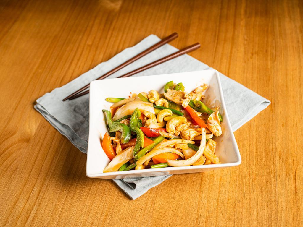 Cashews · Stir-fried onions, sweet red and green bell peppers.