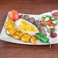 Combo Kabob Chicken · 1 skewer chicken tender, 1 skewer beef koubideh.