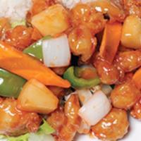 Sweet and Sour Chicken · Served with salad and rice.
