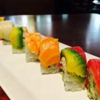 Spicy Rainbow Roll · In: spicy tuna roll, out: tuna, salmon, albacore, yellowtail and shrimp. Spicy.