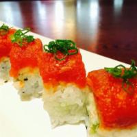 Mega Tuna Roll · In: spicy tuna, cucumber, out: fresh fish tuna with hot sauce. Spicy.