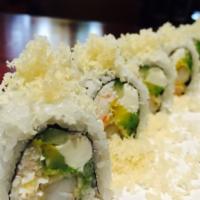 Philly Crunch Roll · In: crab meat, shrimp tempura, avocado, cucumber, Philly cheese, out: tempura flakes.