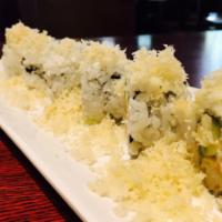 Crunch Roll · In: crab meat, shrimp tempura, avocado, cucumber, out: tempura flakes.