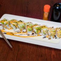 Caterpillar Roll · In: eel, cucumber and crab meat, out: avocado and special sauce.