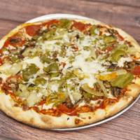 10. Palermo Special Pizza · Onions, peppers, mushrooms, meatballs, anchovies, pepperoni and sausage.