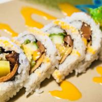 Veggie Roll · Inside: Cucumber and cook mushroom. Outside: avocado, bag, lettuce, tofu and house sauce out...