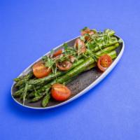 Lemon Pepper Asparagus · Grilled Asparagus, Cherry Tomato Confit, Micro Greens