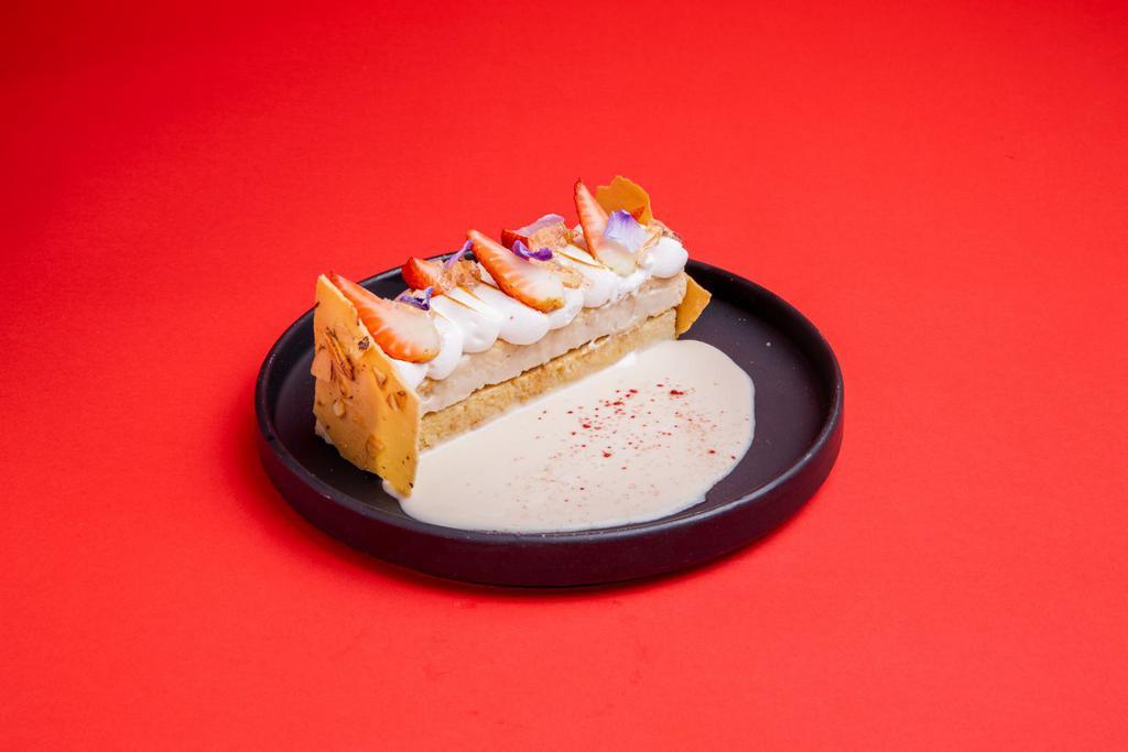 Rosé Tres Leches · Chiffon sponge cake soaked in a rosé infused coconut milk,
Italian meringue and assorted fruits