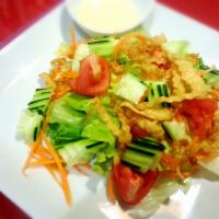 Green Salad · Fresh lettuce, cucumber, tomato, carrot, crispy noodle, served with house dressing. 