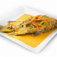 Crispy Tilapia · Deep fried whole fish with Thai chili sauce. Spicy.