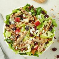 Chicken Harvest Entree Salad · Chicken breast, hardwood smoked bacon, bleu cheese, crisp apples, honey roasted pecans and d...