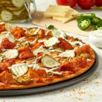 Hot Chicken Pizza · Crispy hot chicken, pepper jack, freshly cut jalapeno peppers, finished with dill pickles an...