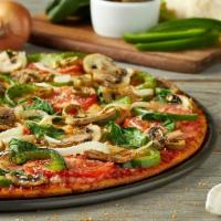 Very Vegy Pizza · Freshly cut Roma tomatoes, green peppers and yellow onions, fresh mushrooms, baby spinach an...