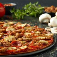 Classic Trio Pizza · Heritage pepperoni, fresh mushrooms and family recipe sausage. Served with real Wisconsin na...