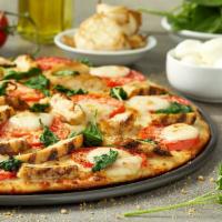 Chicken Spinach Mozzarella Pizza · Sliced chicken breast, fresh baby spinach, fresh mozzarella, freshly cut Roma tomatoes, roas...