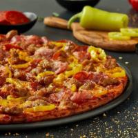 Founder's Favorite Pizza · Heritage pepperoni, family recipe sausage, shaved ham and banana peppers. Served with real W...