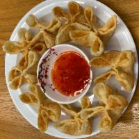 Crab Rangoon (8 pieces) · Crab meat mixed with cream cheese, wrapped in wonton skin, deep fried.