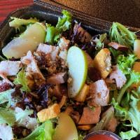 Apple Cranberry Pecan Salad · Mixed green salad topped with freshly sliced apples, cranberries, pecans, feta ＆ croutons. 
...