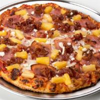 Harry Pie · Thick crust, pineapple, ham, bacon, feta.