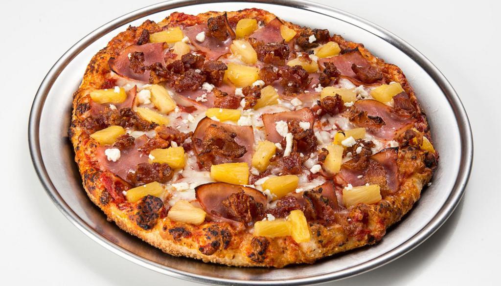 Harry Pie · Thick crust, pineapple, ham, bacon, feta.