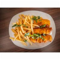 Fish and Chips · Flaky cod loins beer battered and freshly dipped and golden fried. Served with french fries ...