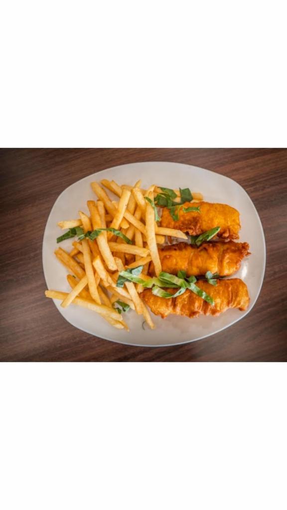 Fish and Chips · Flaky cod loins beer battered and freshly dipped and golden fried. Served with french fries and house made tartar sauce.