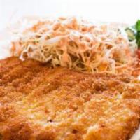 Donkatsu · Lightly breaded and fried cutlet. Served with julienned cabbage and carrot salad.