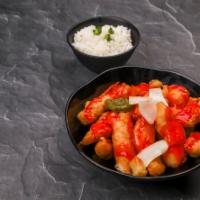C06. Sweet and Sour Chicken · Pineapple, carrot, bell pepper and onion. Served with white rice.