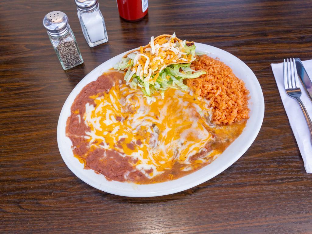 9. One Chili Relleno and Taco Combo · Served with rice and beans.