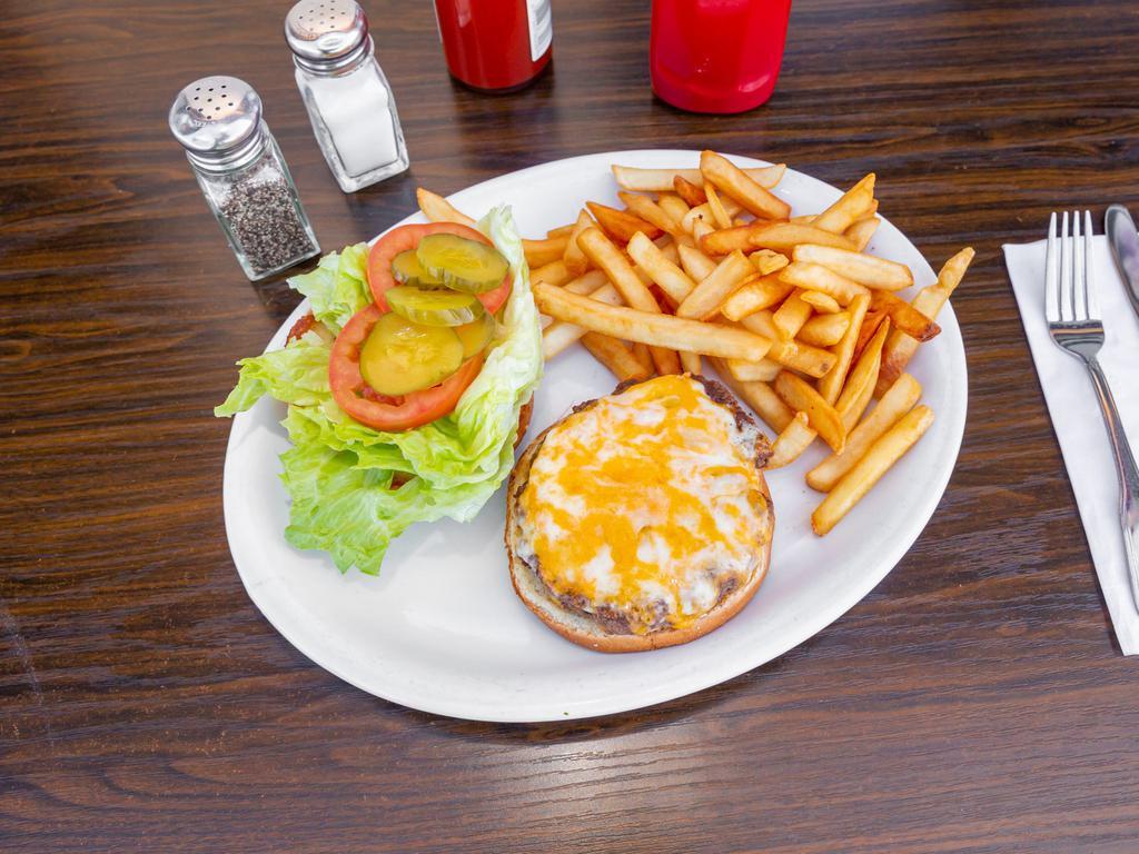 1/3 lb. Cheeseburger · Lean ground beef with cheese, lettuce, tomatoes and pickles served on a toasted bun. Served with french fries.