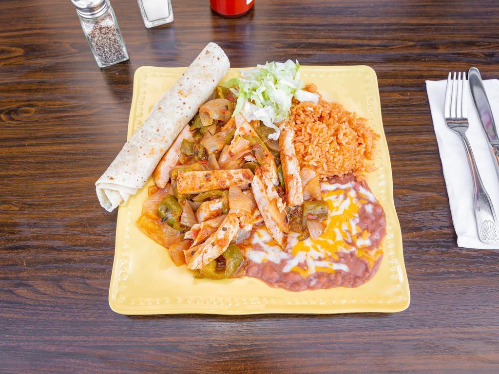Chicken Ranchero Special · Chicken simmered in tomatoes, onions and chilis. Served with rice and beans. Served with rice and beans.