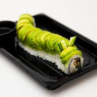 Caterpillar Roll · Baked freshwater eel, crab mix, cucumber, topped with avocado, and eel sauce.